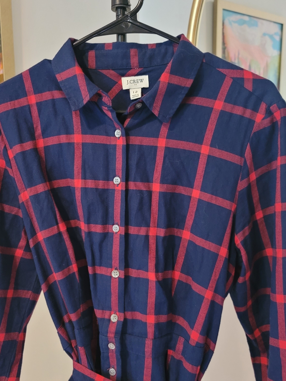 EUC J CREW Cotton Flannel Shirt Dress Navy Blue Red Plaid Preppy Women's Size 12 - Picture 3 of 12